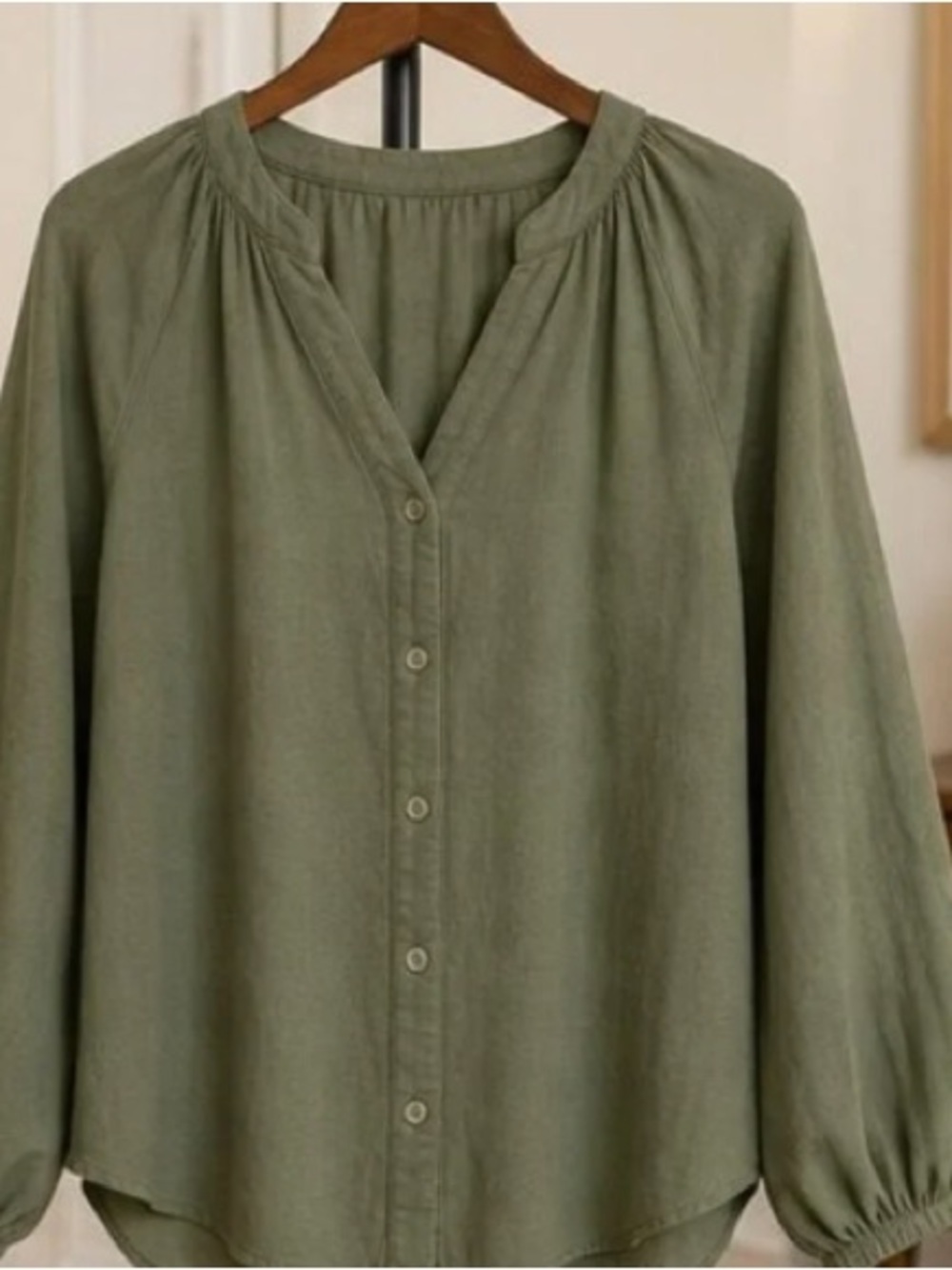 Women’s Olive Button-Front Peasant Blouse